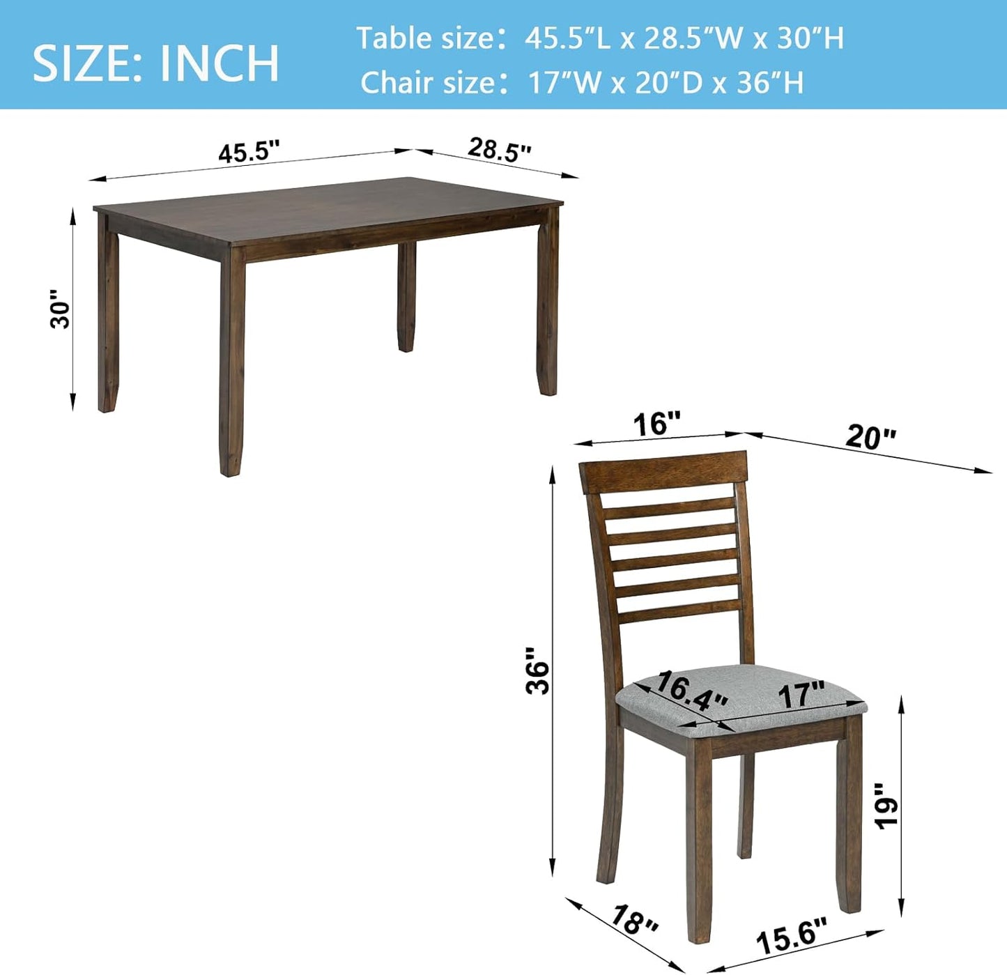 KEIKI 5-Piece Standard Height Dining Table Set with Rectangular Table and 4 Upholstered Ladder Backrset Chair, for 4 Person, Modern Wooden Table Set, Easy Assembly, for Kitchen, Dining Room, Walnut