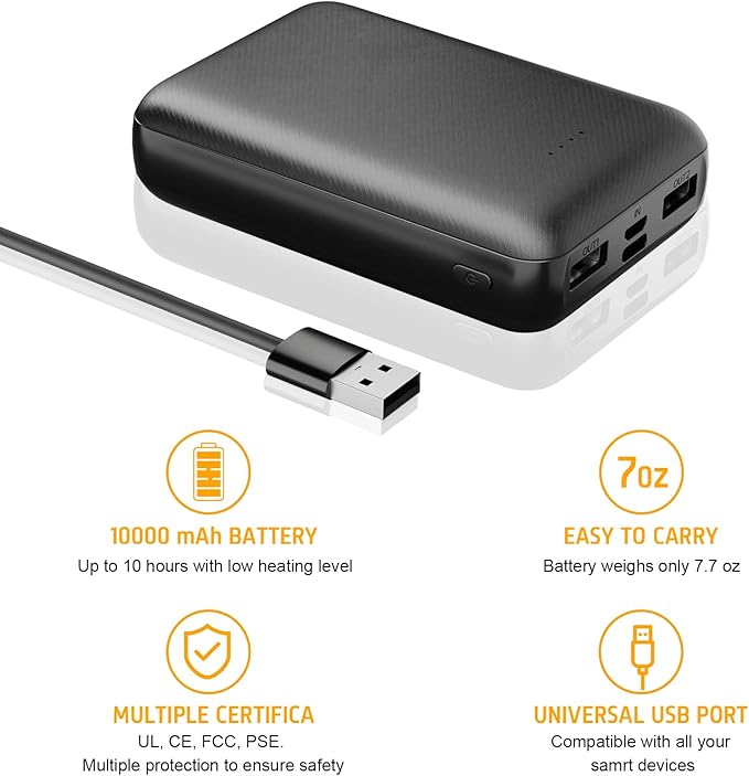 Rechargeable Battery for Heated Vest 10000 mAh Power Bank for Heated Jacket Heating Electric Vest Coat Hoodies Battery Pack for Man Women Heated Clothing