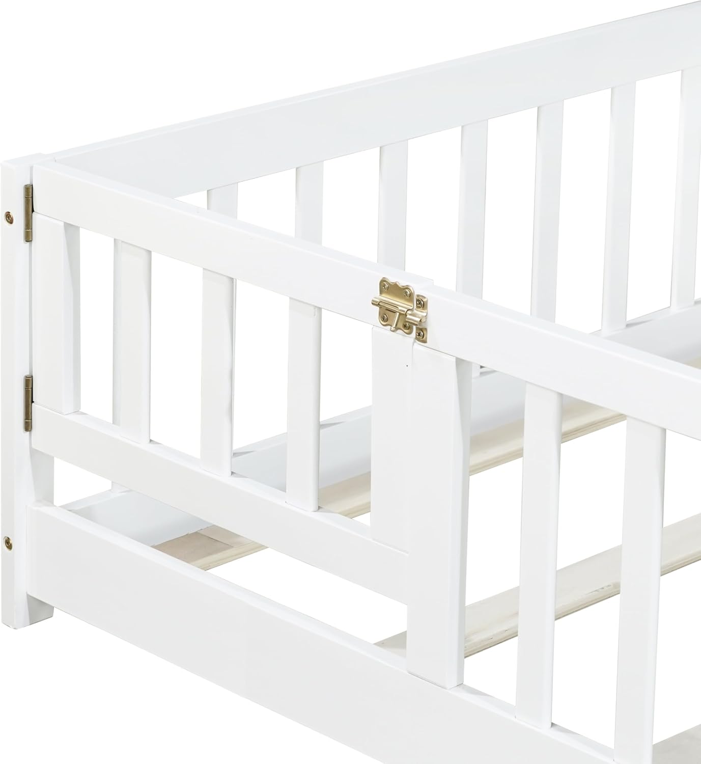 Twin Floor Bed Frame with Slats and Safety Guardrail, Wood Twin Size Montessori Floor Bed with Door and Fence, Easy Assemble Montessori Beds for Kids, Girls, Boys, White