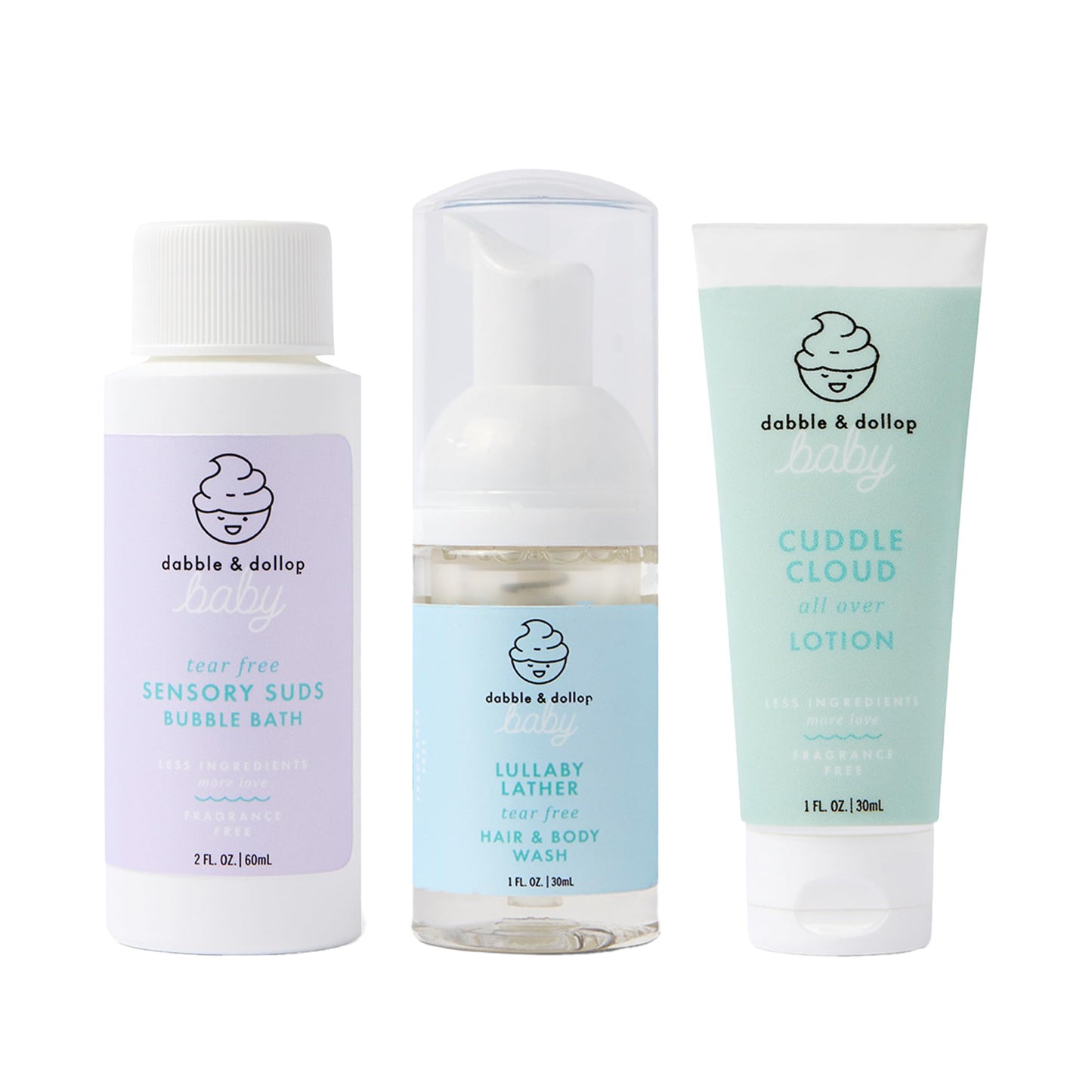 Dabble & Dollop Baby Minis Kit – Fragrance-Free, Tear-Free Shampoo & Body Wash, Bubble Bath and All Over Lotion, Travel Size Baby Toiletries or Gift Set for Newborns & Sensitive Skin