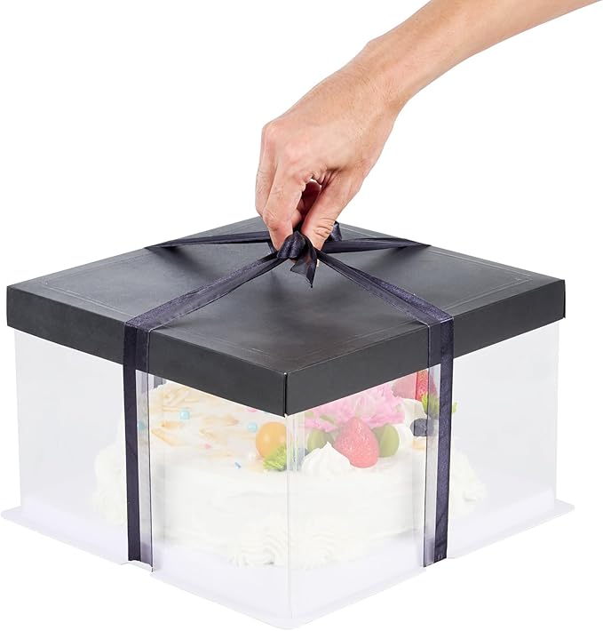 Restaurantware Sweet Vision 10 Inch x 8.25 Inch Transparent Cake Boxes 10 Grease Resistant Base Clear Cake Boxes - Black Lid Black Ribbon Plastic Birthday Cake Boxes For Weddings Or Birthdays