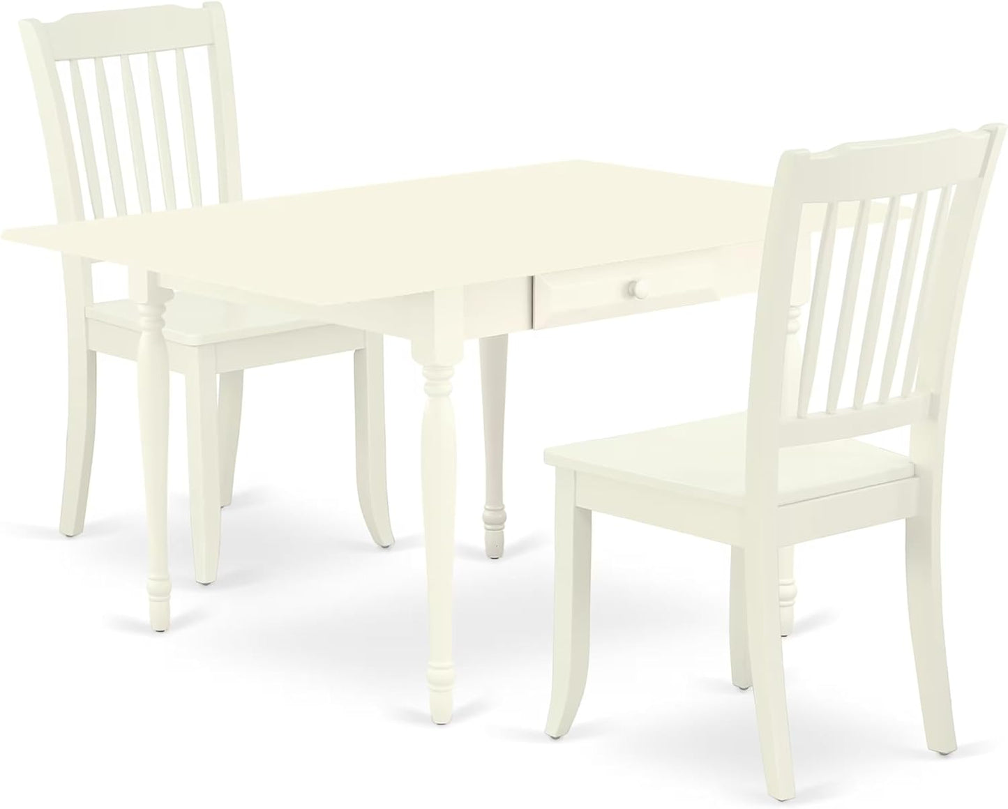 East West Furniture MZDA3-LWH-W 3 Piece Dining Room Furniture Set Contains a Rectangle Kitchen Table with Dropleaf and 2 Dining Chairs, 36x54 Inch, Linen White