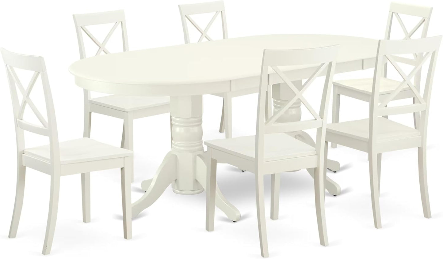 East West Furniture VABO7-LWH-W 7 Piece Dining Set Consist of an Oval Dining Room Table with Butterfly Leaf and 6 Wood Seat Chairs, 40x76 Inch, Linen White