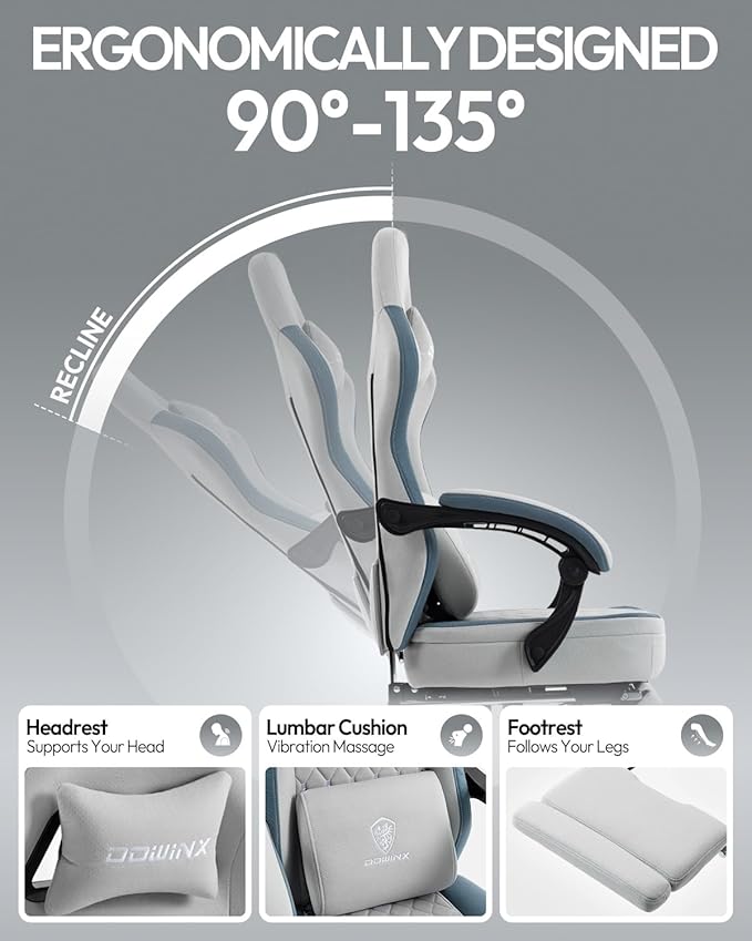 Dowinx Gaming Chair with Footrest, Breathable Fabric Gamer Chair with Gel Pad and Storage Bag, Ergonomic Office Chair with Lumbar Support for Home Task,Grey