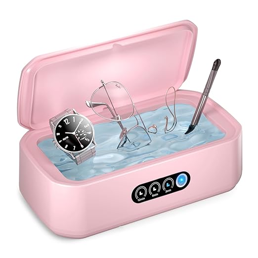 WINTERCRUSH Ultrasonic Retainer Cleaner for Tooth: 50KHz Jewelry Cleaner Deep Cleaning Machine - 650ML Dental Cleaning Pod for Dentures/Mouth Guards/Eyeglasses-3 Timers -Stainless Steel- Pink