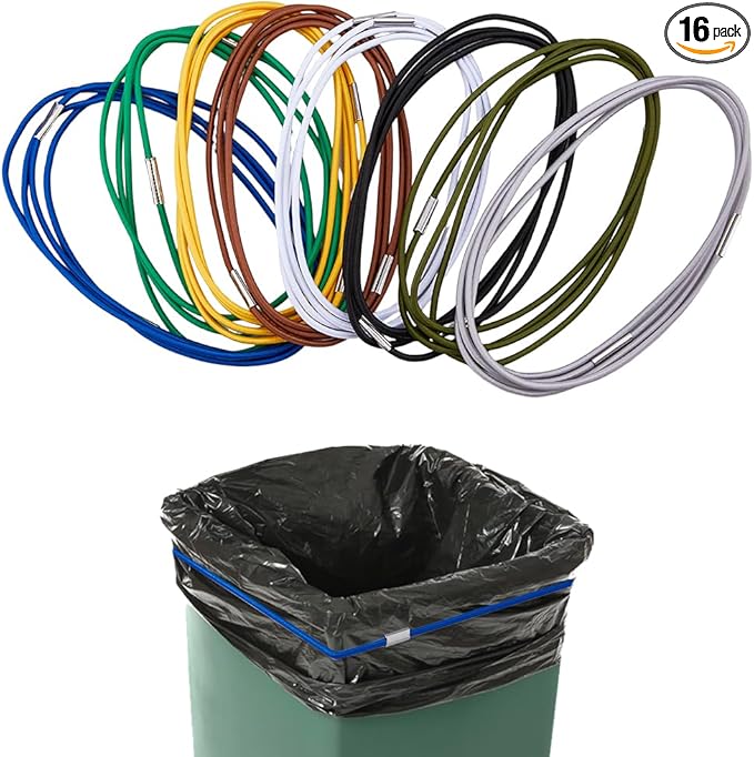 SUPERFINDINGS 16Pcs 8 Colors Elastic Garbage Can Bands PVC Adjustable Large Trash Can Bands Trash Cans Bag Holder Straps Garbage Box Straps for Home and Office, Length:75.4cm/29.7"