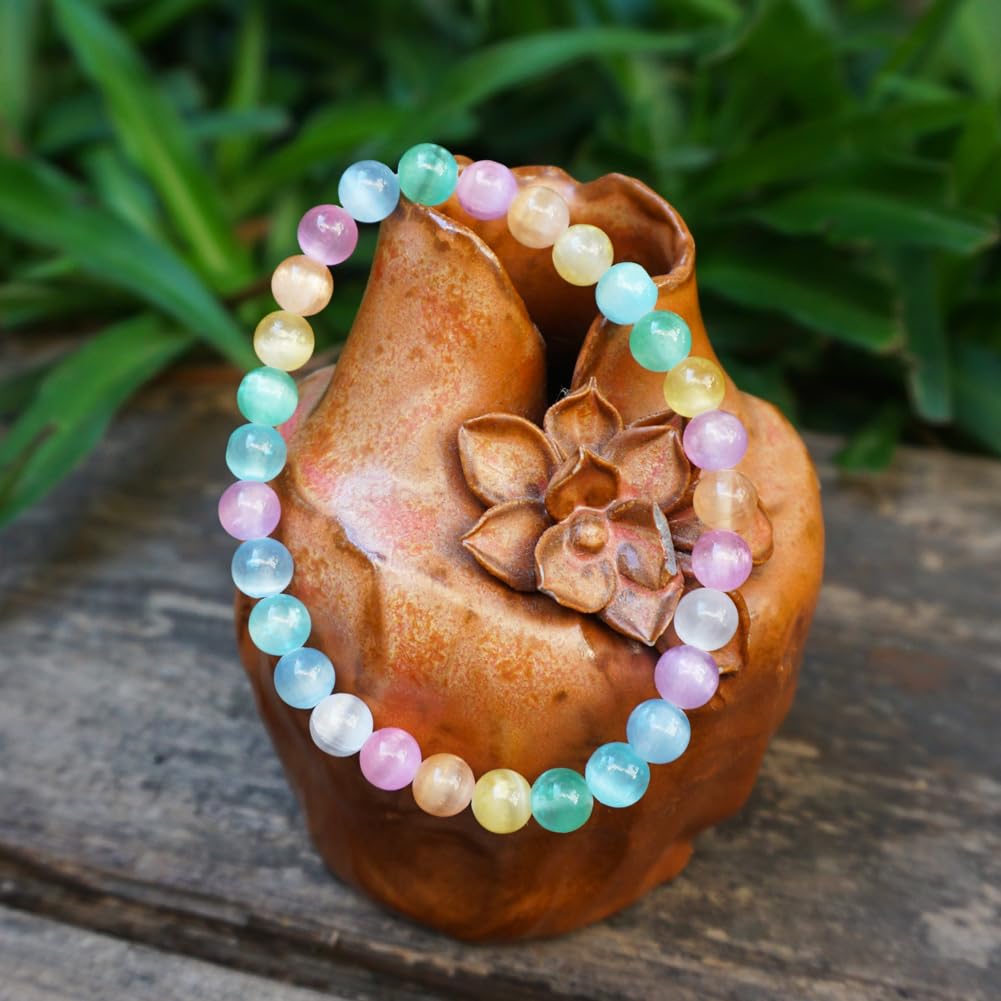 6mm Rainbow Selenite Bracelet - Iridescent Natural Crystal | Handmade Meditation Bracelet with Cat-Eye Effect | Come with Beading Tool Kit - Adjustable to 6.5-7.5 inches Wrist Size