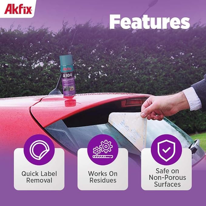 Akfix A104 Sticker Remover Spray - Cleaning Labels on Wood, Glass & Plastic - Safe Decal Remover for Tape, Residue, Gum and Stain Marker, Glue Eraser with Citrus Oil Spray | 6.7 Oz. 24 Pack