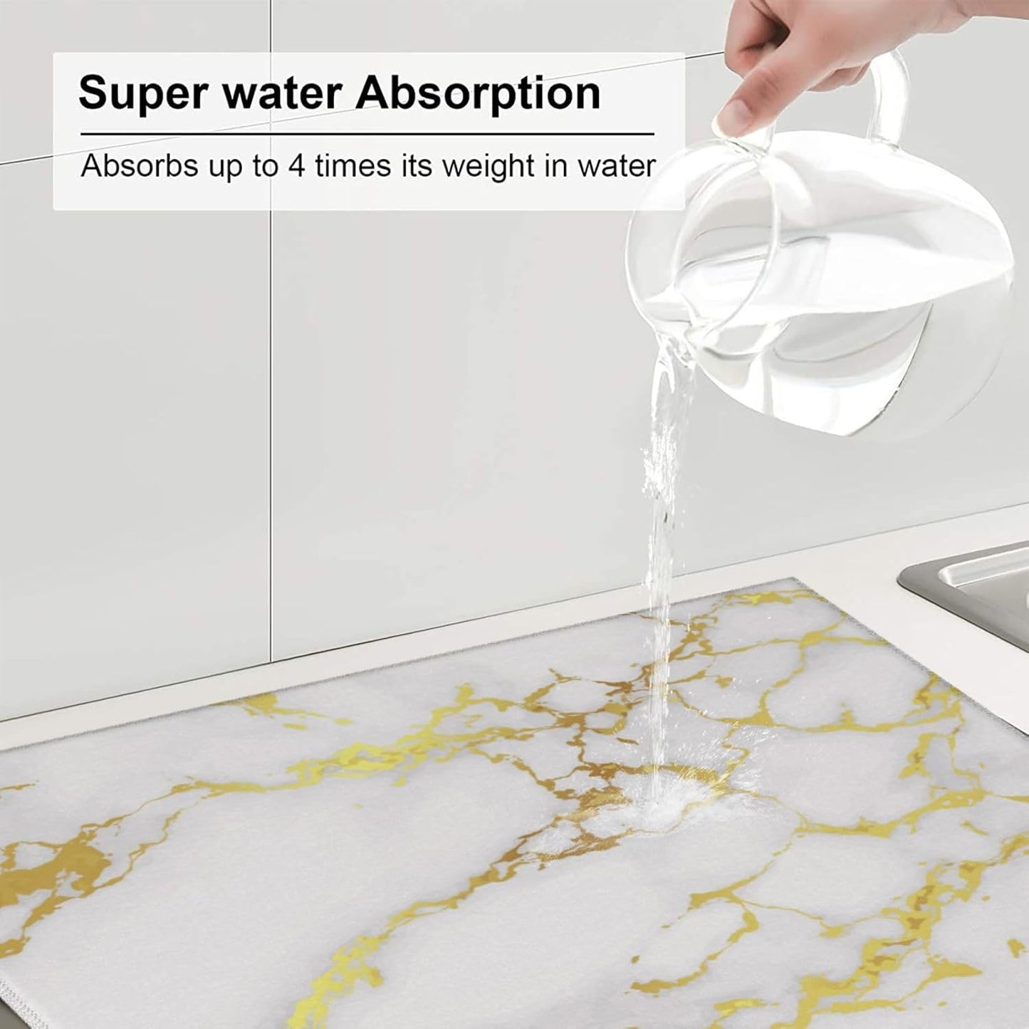 Dish Drying Mat White Golden Marble Nature for Kitchen Counter Absorbent Dishes Drainer Microfiber Small 16x18 Inch