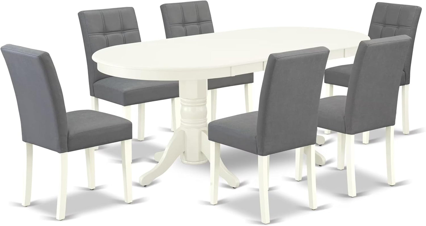 East West Furniture VAAS7-LWH-41 7 Piece Modern Dining Table Set contain A Dinner Table and 6 Platinum Gray Polyester Fabric Wooden Chairs with Stylish Back- Linen White Finish