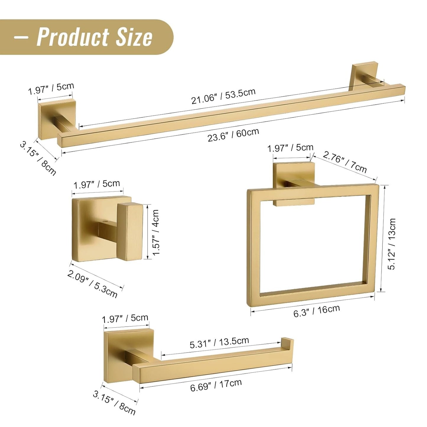 YACVCL Towel Bar Set, 5-Piece Brushed Gold Bathroom Hardware Set, Gold Bathroom Accessories Set, SUS304 Stainless Steel 23.6 Inch Towel Holder Towel Racks Set Wall Mounted