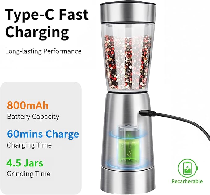 Electric Salt and Pepper Grinder Set, with LED Lights, Stainless Steel Automatic Pepper & Salt Mill with 5 Adjustable Coarseness (Upgraded Larger Capacity 150 ML)