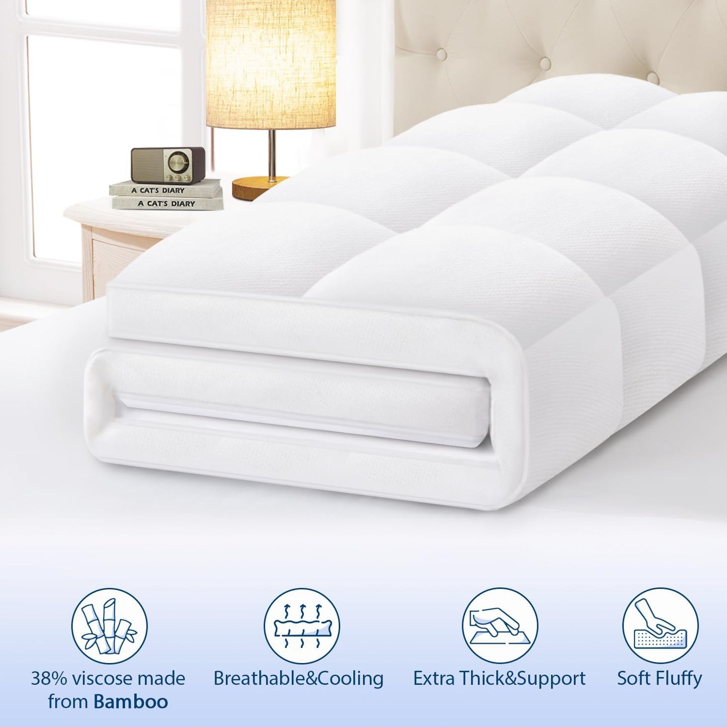 ELEMUSE Queen Cooling Bamboo Viscose Mattress Topper for Back Pain, Extra Thick Mattress Pad Cover, Plush Soft Pillowtop with Elastic Deep Pocket, Overfilled Down Alternative Filling