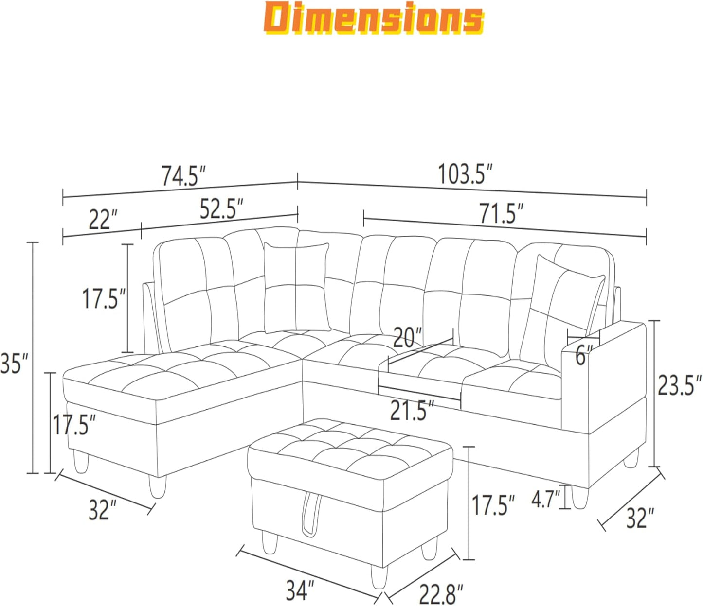 L Shaped Sectional Couch with Otttoman, 103" Sectional Sofa for Living Room Flannel Modular Couches with Cup Holders for Bedroom, Apartments, Beige &Brown