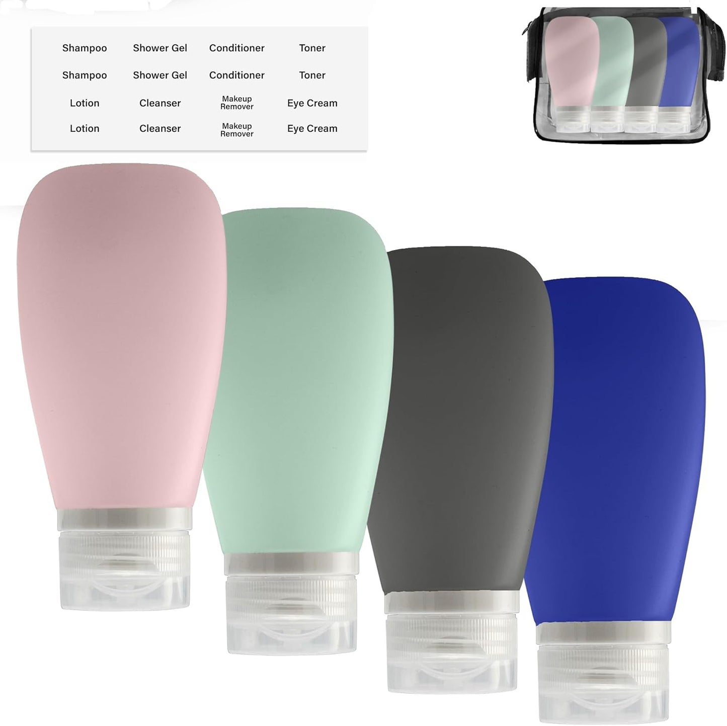 Travel Bottles for Toiletries, TSA Approved 3oz Leak Proof Silicone Refillable Squeeze Travel Size Containers BPA Free for Cleansers, Lotions, Shampoo 4pk-With Bag (P,G,Blk,BL)
