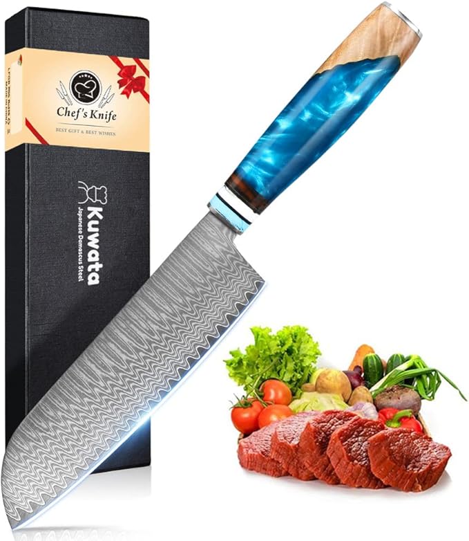 Kuwata Santoku Knife, Professional Japanese VG10 Damascus Steel Kitchen Santoku Knife, Ergonomic Wood Chef Knife Handle, Super Sharp Chefs Knives with Gift Box