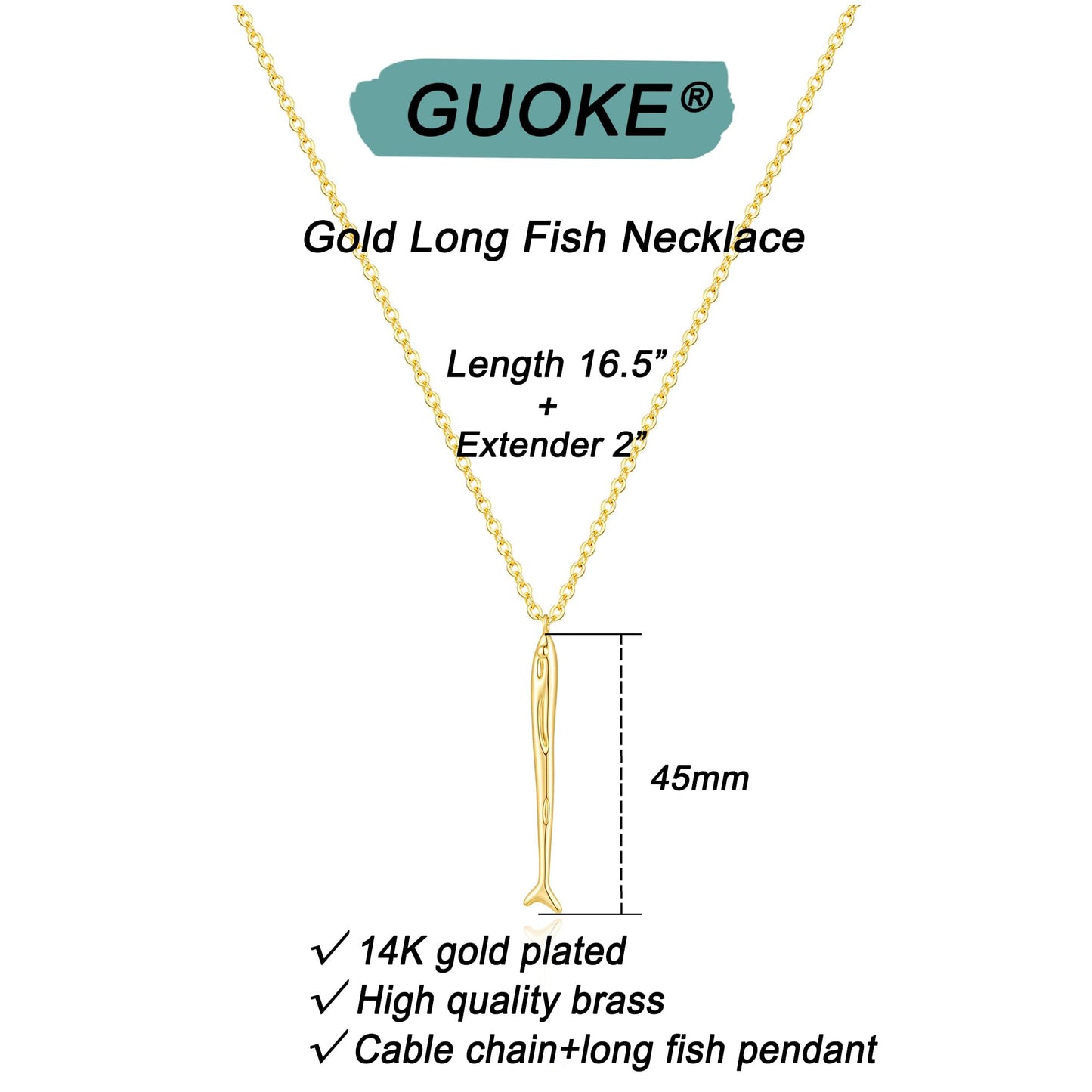 GUOKE Gold Long Fish Necklace for Women – 14K Gold Plated Fish Pendant, Dainty Long Pendant Necklace, Minimalist Jewelry for Her