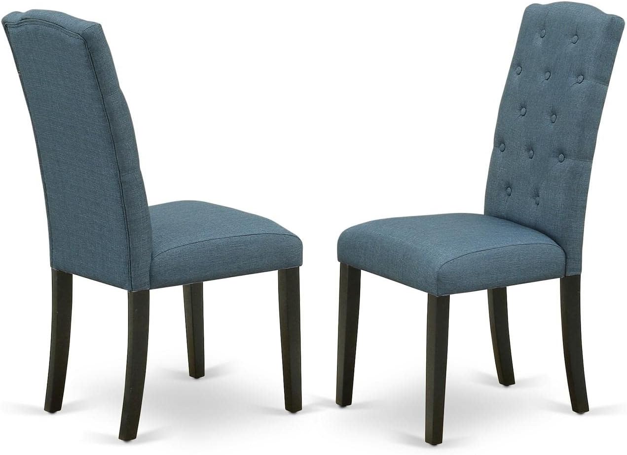 East West Furniture DLCE5-BLK-21 5 Piece Kitchen Table & Chairs Set Includes a Round Dining Table with Dropleaf and 4 Mineral Blue Linen Fabric Upholstered Chairs, 42x42 Inch, Black