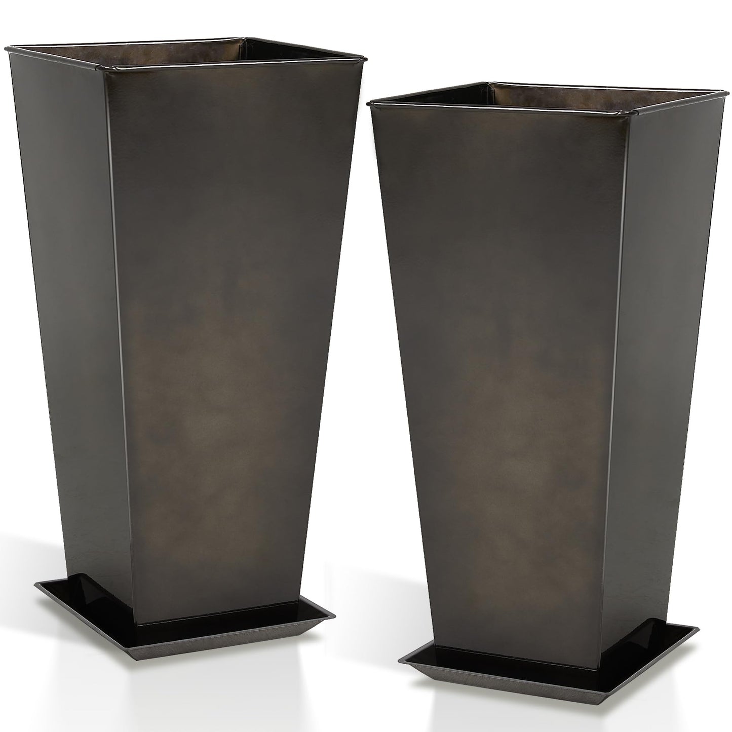 Worth Garden 28" Large Metal Glazed Planter Set of 2, Luxurious Glossy Finish Black Tall Square Tapered Steel Plant Pots, Decor Flower Pot Indoor & Outdoor, Drainage Hole & Dual-Purpose Plant Saucer