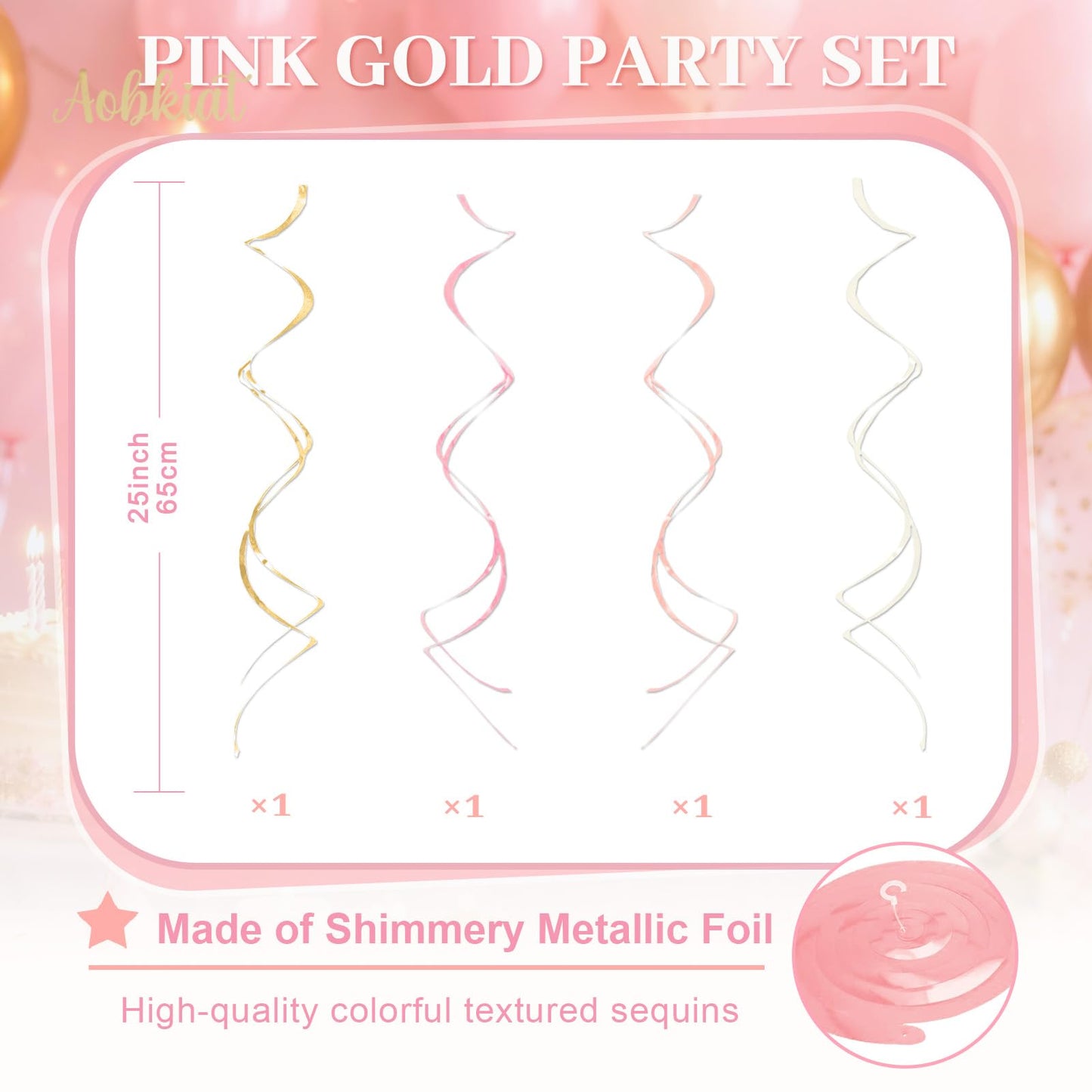 AOBKIAT Pink Gold Party Decorations Kit - 27PCS wirh Pom Poms & Lantern & Fans & Swirls & Garland & Crepe Paper Streamers for Birthday,Wedding,Baby Shower,Bachelorette,Princess Party