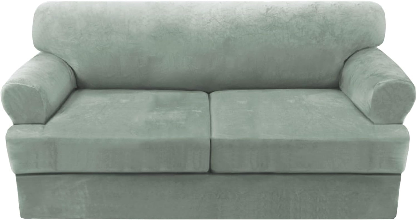 H.VERSAILTEX Sofa Cover 3 Piece T Cushion Loveseat Slipcovers Thick Velvet Couch Cover Stretch T Cushion Sofa Covers for 2 Cushion Couch with 2 Individual T Cushion Covers Washable, Sea Grass