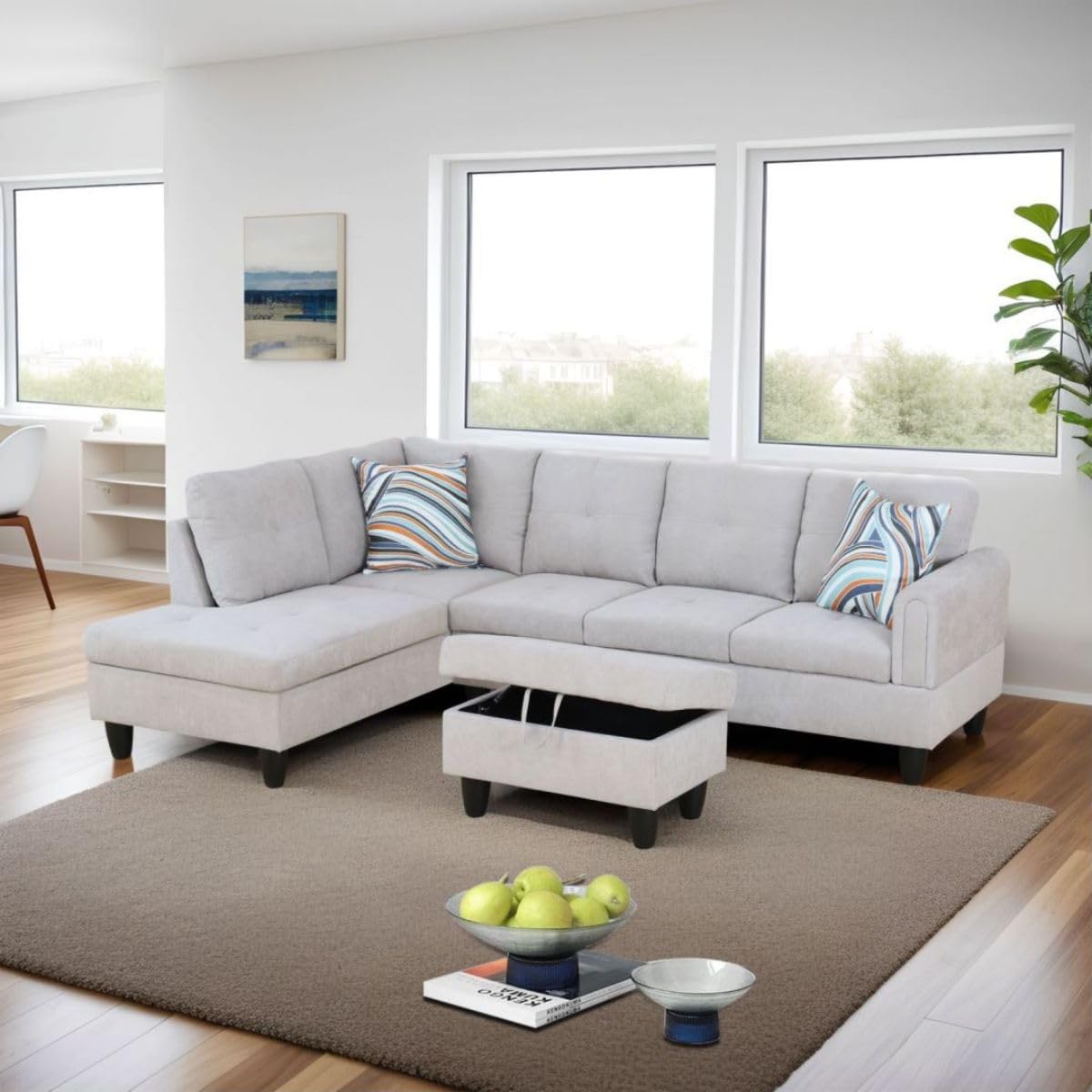 Grey White L-Shaped 3-Piece Flannel Sofa with Storage Ottoman Set, Sectional Couch Sofa Set for Living Room, Office, Small Space
