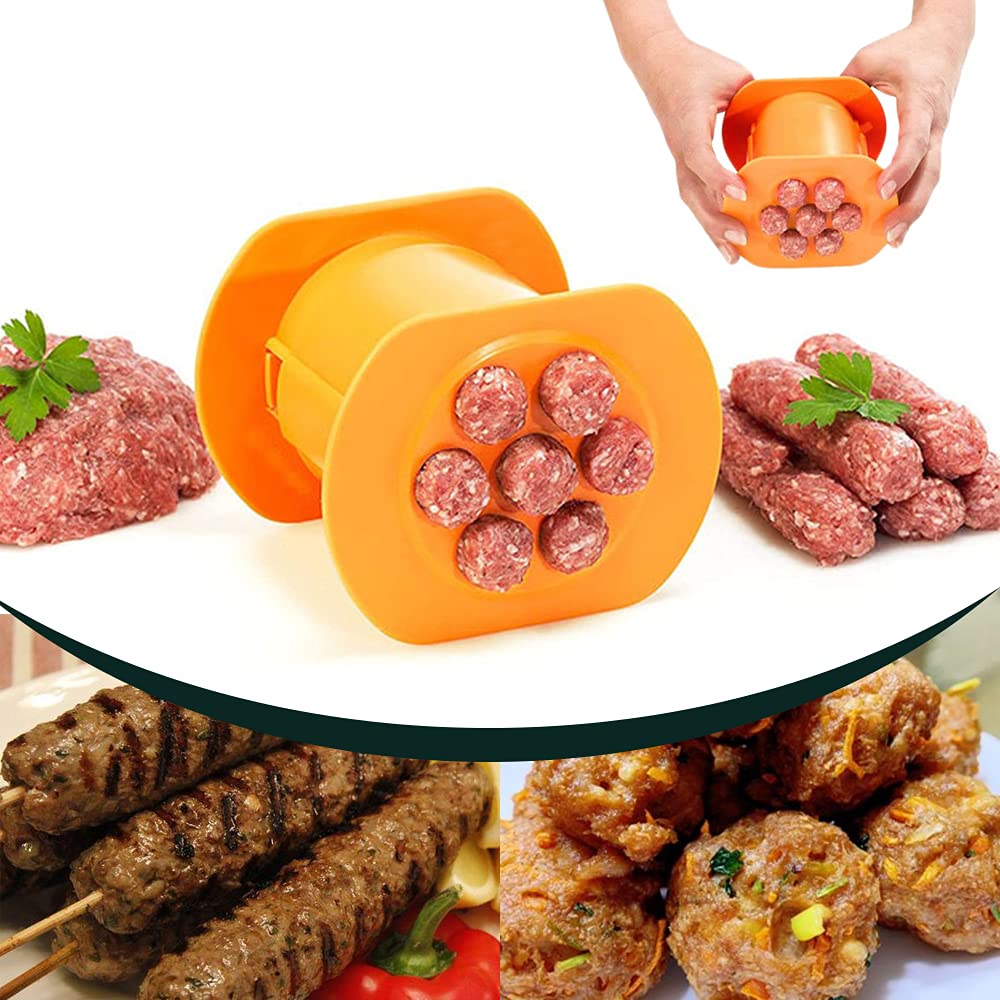 Guppy One Press Cevapcici Sausage Maker Stuffer, 7 Sausages at Once Press Handmade Hot Dog Meat Strip Machine Molds Non Stick Kitchen Meatball Maker (Orange)
