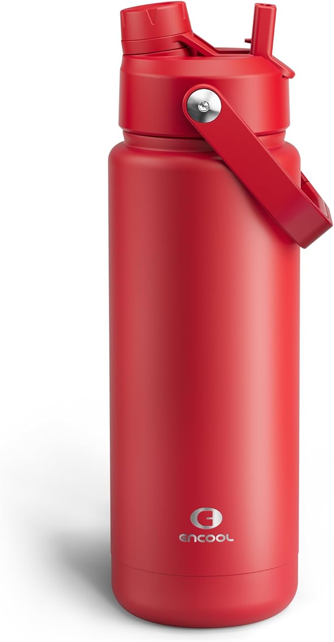 ENCOOL Insulated Water Bottle with Straw Stainless Steel Water Bottle, Leak-Proof, BPA-Free, Double Wall Vacuum Keeps Cold for 24 Hours for Sports, Travel, School (32 oz, Medium Carmine)