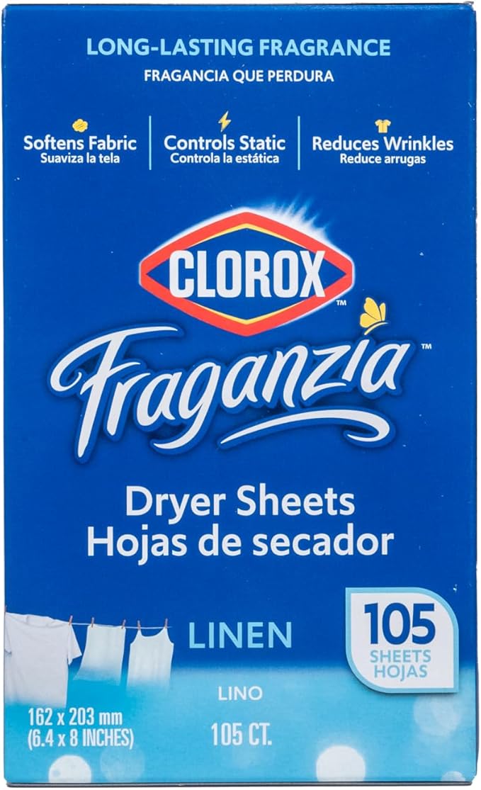 Clorox Fraganzia Fabric Softener Dryer Sheets, Linen Scent - Wrinkle Reducing Scented Softening Laundry Dryer Sheets for Great Smelling Clothes, 105 Count