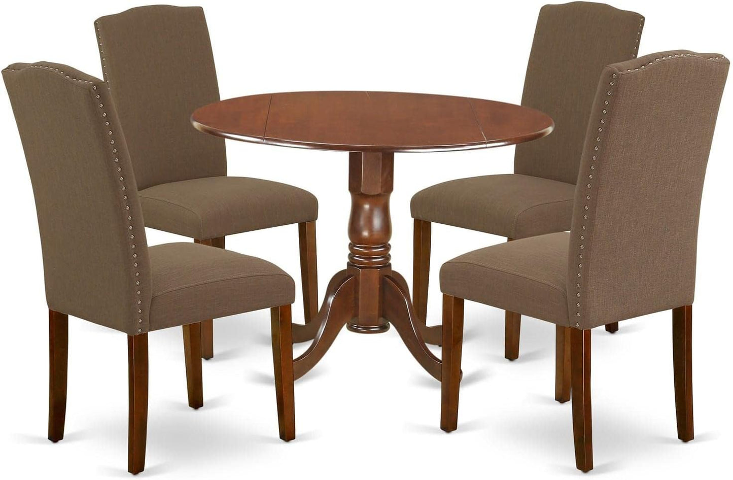 East West Furniture DLEN5-MAH-18 5 Piece Dining Room Furniture Set Includes a Round Dining Table with Dropleaf and 4 Dark Coffee Linen Fabric Upholstered Chairs, 42x42 Inch, Mahogany