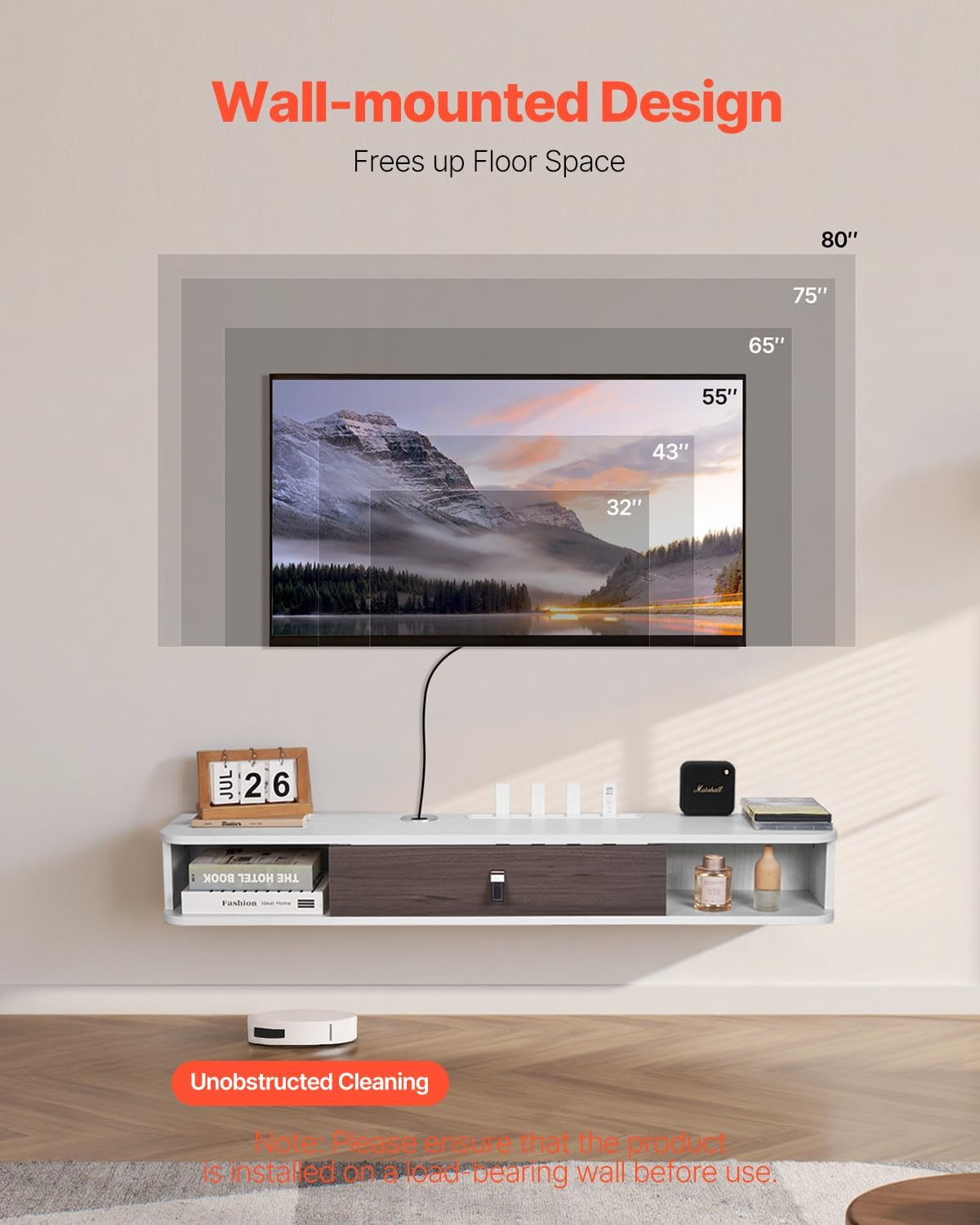 VEVOR Floating TV Stand, 47'' Wall Mounted TV Console Modern Floating Entertainment Center Under TV Shelf with Storage Cabinet, for Bedroom & Living Room, White
