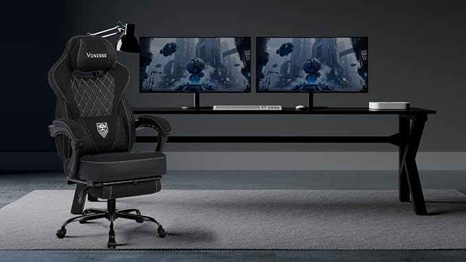 Vonesse Gaming Chair, Reclining Fabric Gaming Chairs for Adults 250LBS, Office Chair with Pocket Spring Cushion, Computer Chair with Footrest and Massage Lumbar Support (Black)