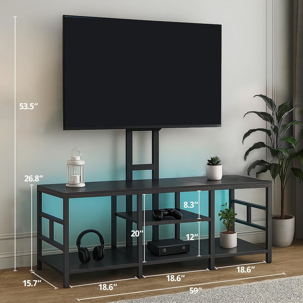 LUCKLIFE TV Stand with Charging Station for TVs up to 70 Inch，Entertainment Center with LED Light and Open Storage Shelves，Modern Media Console Table for Living Room,Bedroom,Modern Black