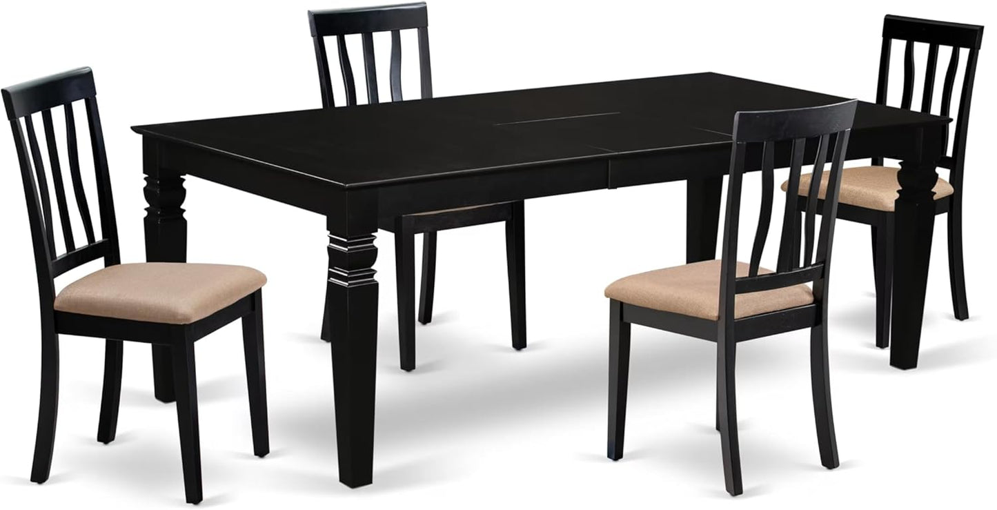 East West Furniture LGAN5-BLK-C 5 Piece Dinette Set for 4 Includes a Rectangle Dining Table with Butterfly Leaf and 4 Linen Fabric Dining Room Chairs, 42x84 Inch, Black