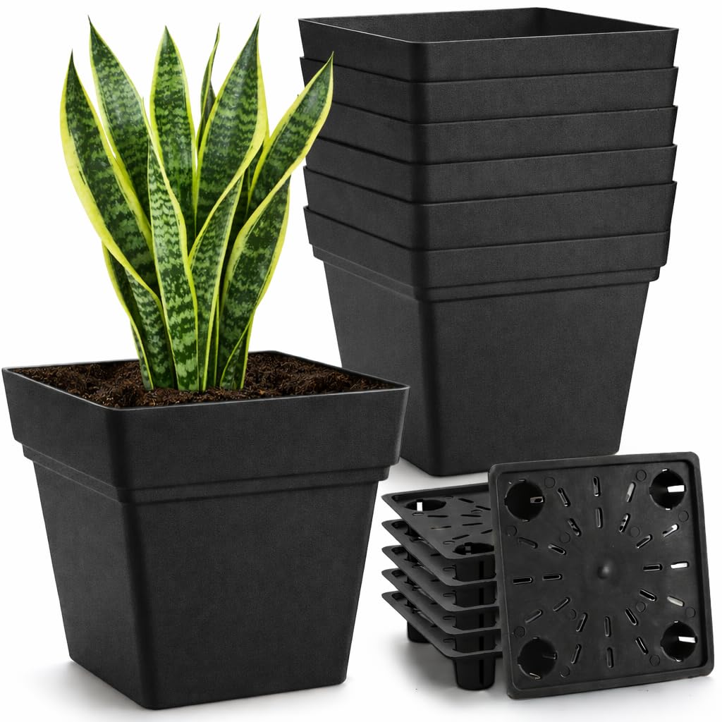 RooTrimmer 6-Pack 7" Square Planters with Built-in Drainage Tray – Heavy-Duty Black Plastic Planter with Drainage Hole and Bottom Stopper, BPA-Free Plant Pots Matte Finish for Indoor Outdoor