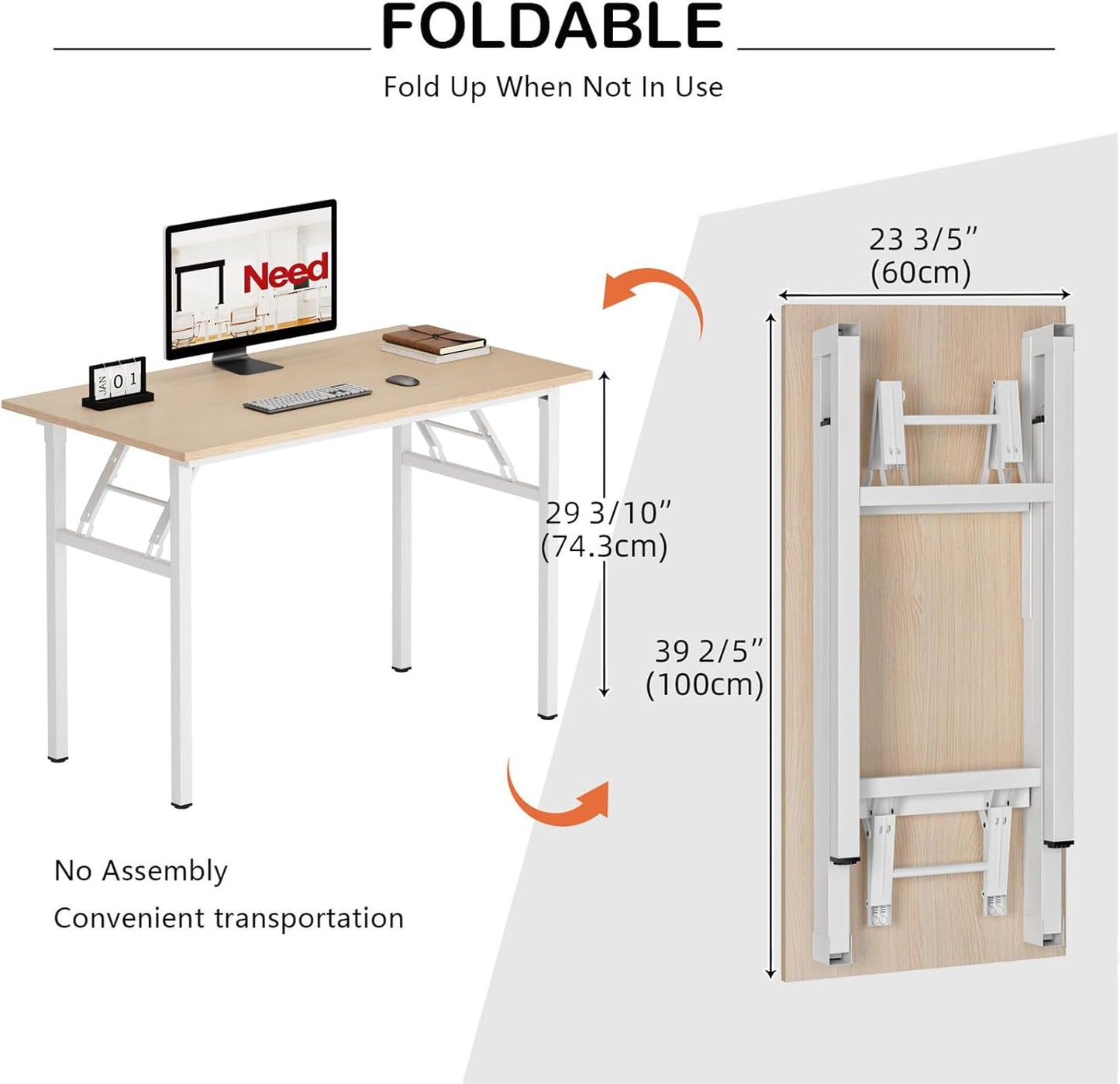 Need Folding Desk for Home Office 39-3/8'' Length Modern Folding Table Computer Desk No Install Needed Pink Oak Color Desktop White Frame, AC5AW(10060)