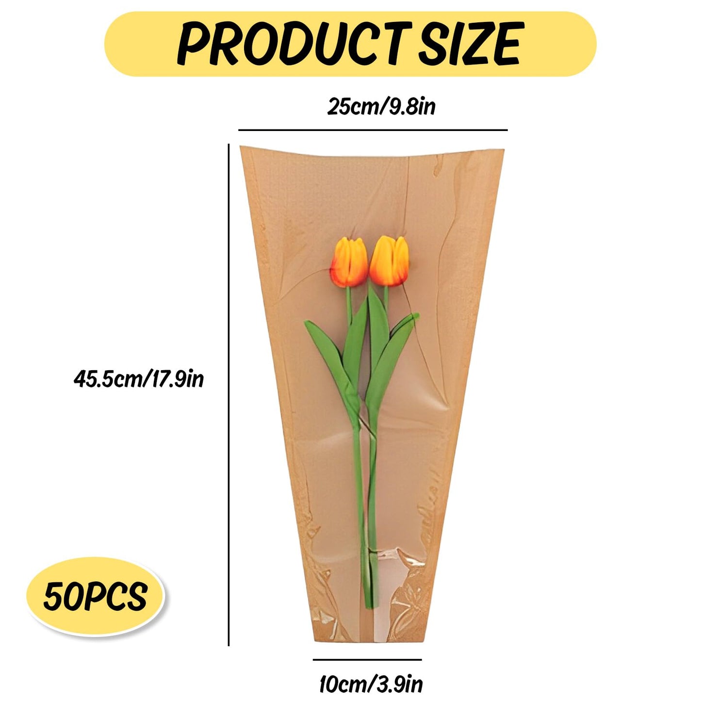 Whaline 50Pcs Flower Wrapping Bags Mother's Day Kraft Paper Floral Packing Sleeves Bouquet Bags Clear Flower Wrapping Sleeves for Graduation Wedding Birthday Valentine's Day Gift, 9.8x3.9x17.9 Inch