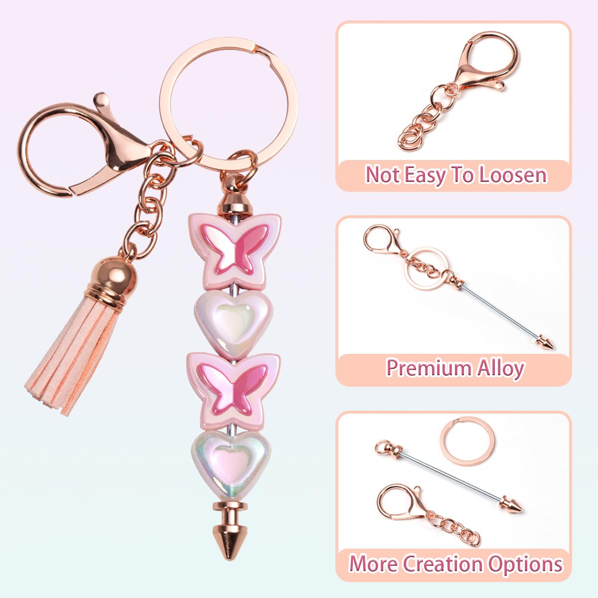 40 Pcs Beadable Keychain Bar, Golden-Pink Beaded Keychain for Pendant DIY and Colorful Leather Tassel Loose, Alloy Keychain Accessories Bulk for Keychain Supplies Jewelry Making Gift (Gold-Pink)