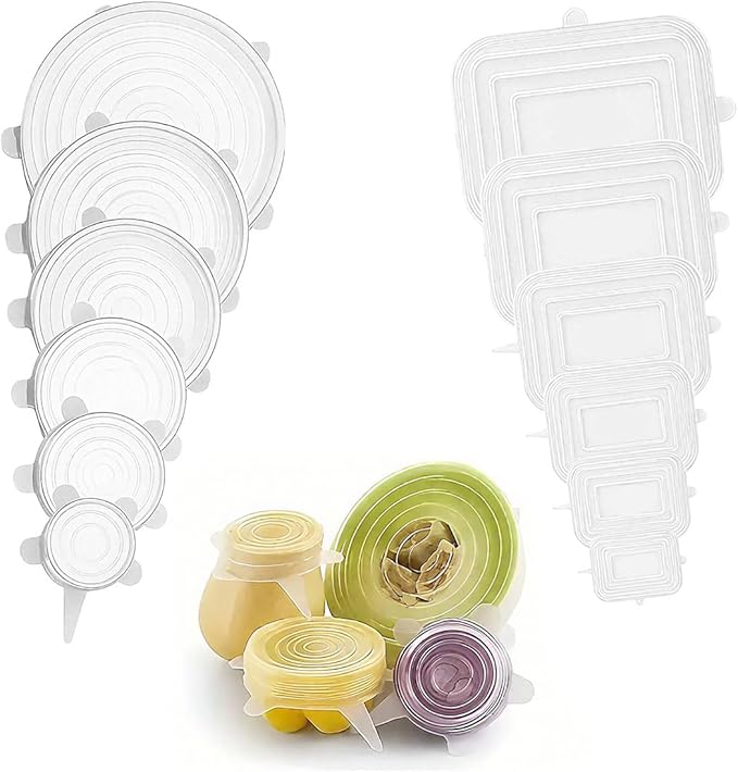 12 Pcs Silicone Stretch Lids Reusable Flexible Bowl Covers, for Keeping Food Fresh Storage,Round and Rectangle, 6 Sizes, White