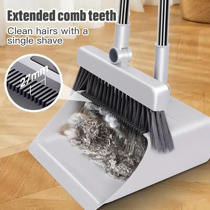 Broom with Dustpan Combo Set, 3 in 1 for Sweeping Indoor and Push Broom Outdoor with Dust Pan, 14.2 to 48.8 inch Adjustable Long Handle Broom and Dustpan Set (Light Grey)