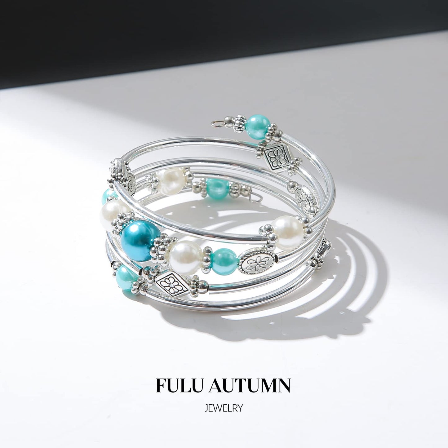 FULU AUTUMN Beaded Pearl Bangle Bracelets for Women Silver Wrap Bangles Bracelet Womens Costume Jewelry Fashion Gift(18-Sea green)