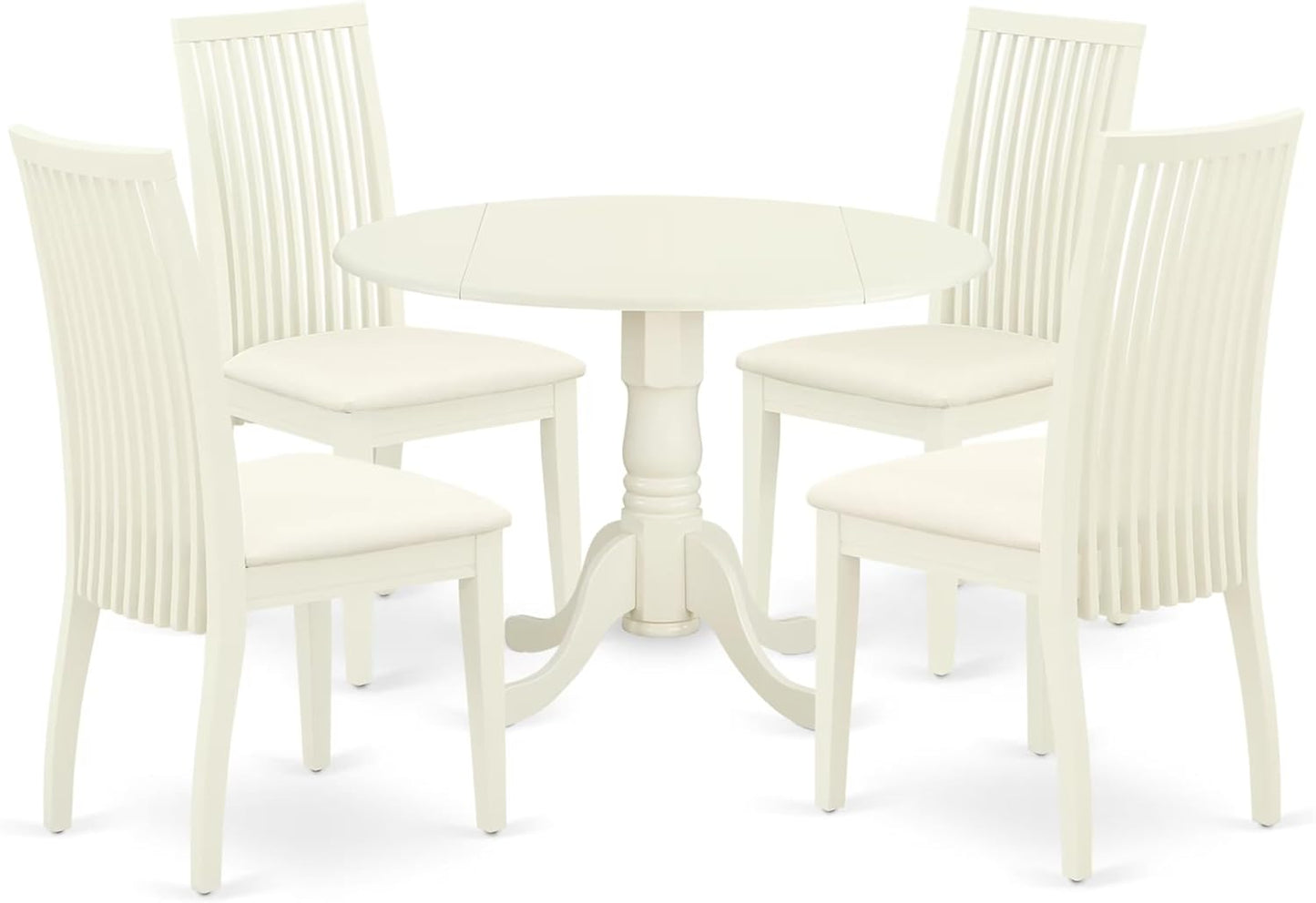 East West Furniture DLIP5-WHI-C 5 Piece Kitchen Table & Chairs Set Includes a Round Dining Table with Dropleaf and 4 Linen Fabric Dining Room Chairs, 42x42 Inch, Linen White