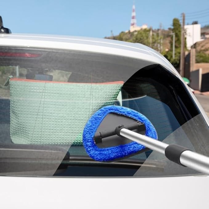 Car Windshield Cleaning Tool Set, Interior Exterior Auto Glass Cleaner Kit with Extendable Handle and 4 Reusable Microfiber Pads for Cars Trucks and Home (Blue)