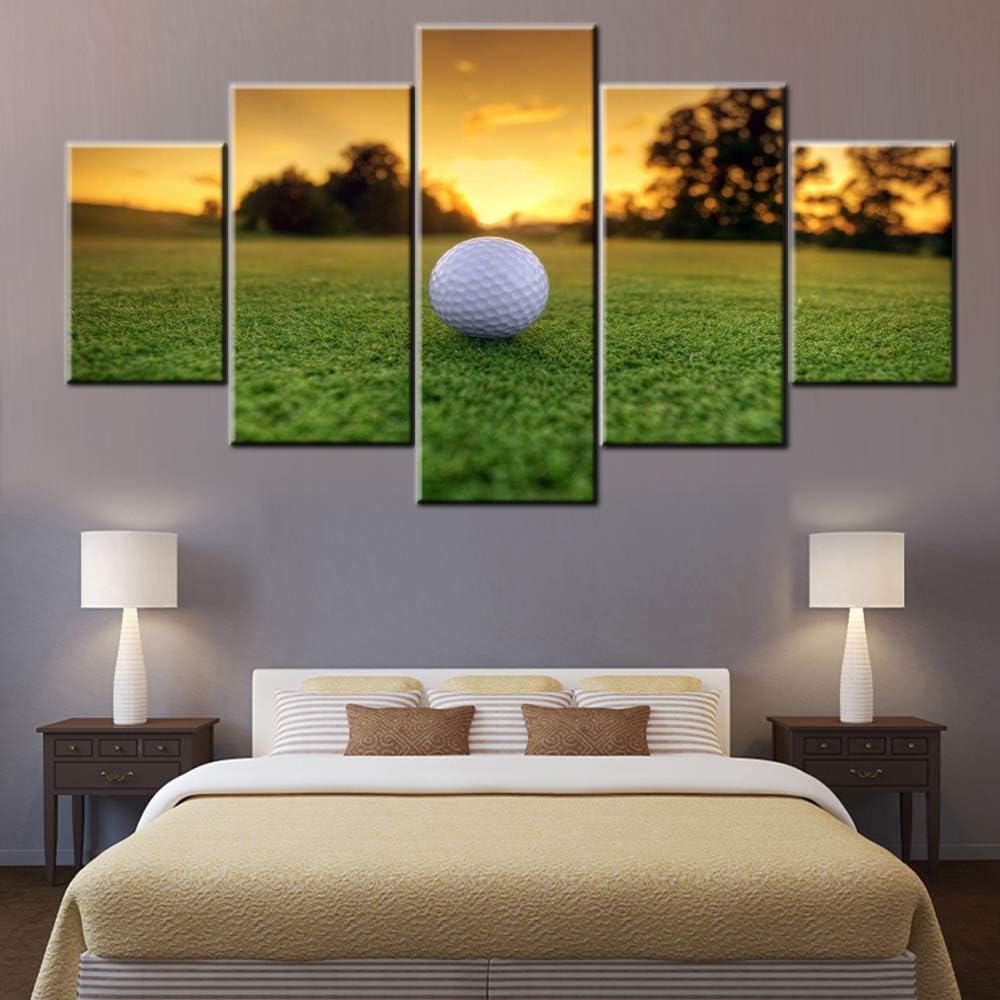 Wall Pictures for Living Room Golf Course Paintings Sunset Scape Artwork Multi Panel Green Canvas Wall Art Modern Home Decoration Giclee Wooden Framed Ready to Hang Posters and Prints(60''Wx32''H)