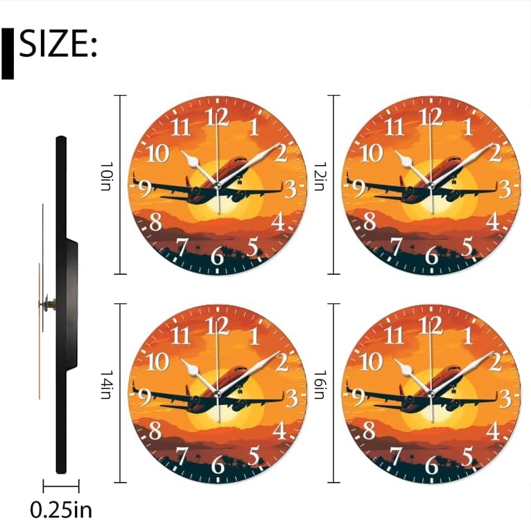 Sunset Wall Clock Non-Ticking Silent Clocks Battery Operated Analog Decor Clock for Home-Illustration of Airplane Flying Over The Sunset(16inch)