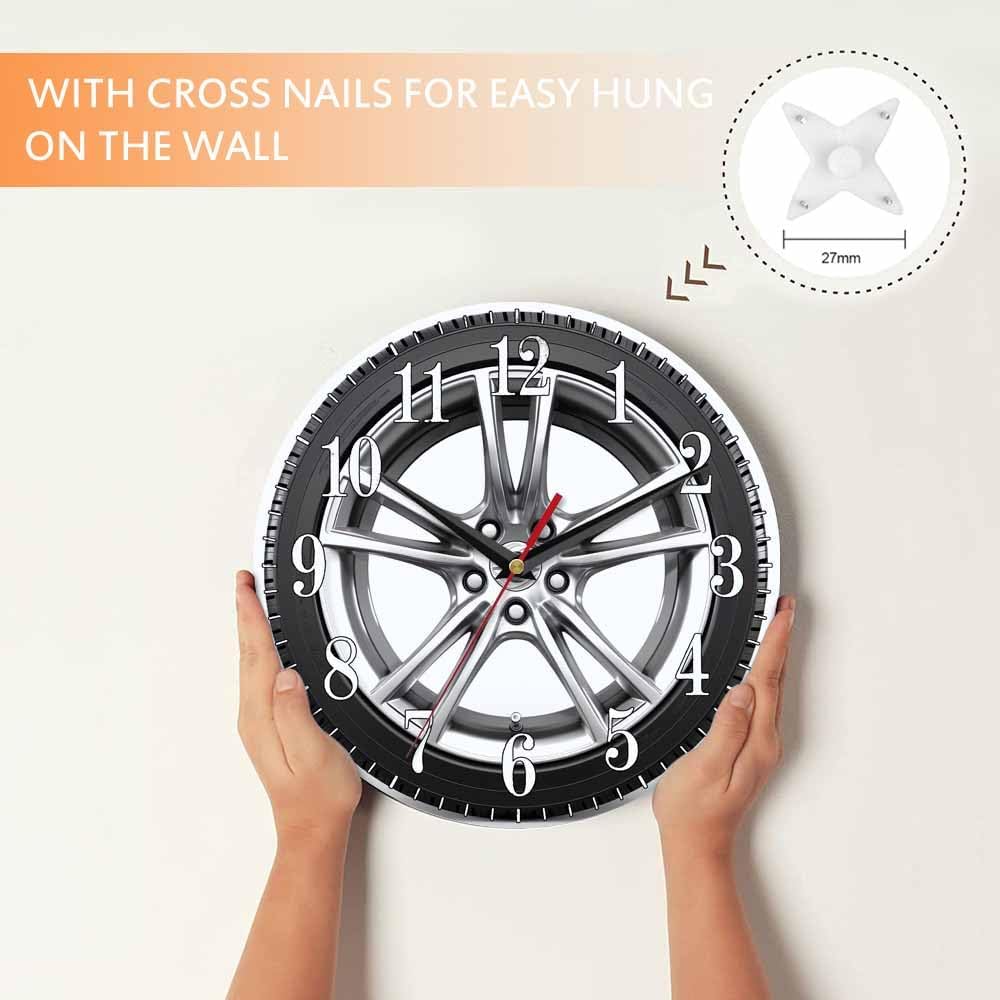 Mxocom Wheel Wall Clock Modern Car Wheel Black Tyre 10 Inch Silent Non Ticking Battery Operated Clock Vintage Round Clock for Living Room Bedroom Bathroom Office Decor
