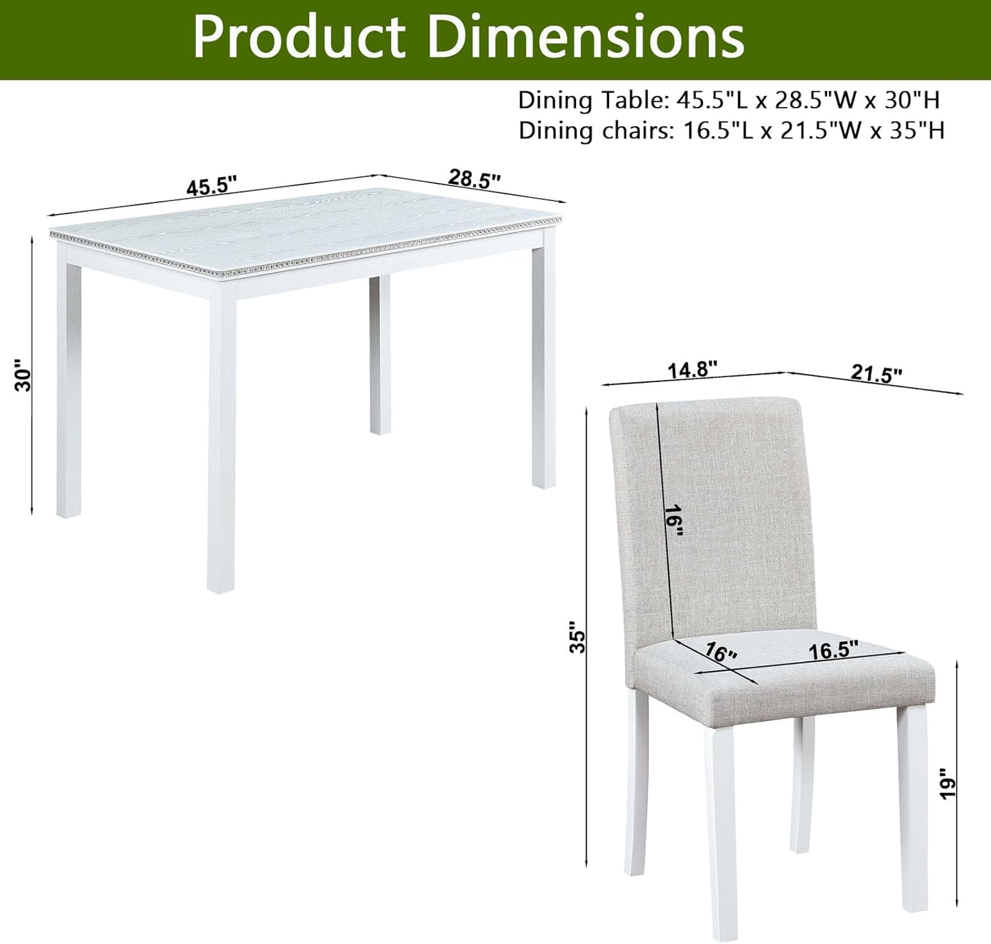 KEIKI 5-Piece Standard Height Dining Table Set with Rectangular Table and 4 Upholstered Chair, for 4 Person, Modern Crystal Decoration Wooden Table Set, Easy Assembly, for Kitchen, Dining Room, White