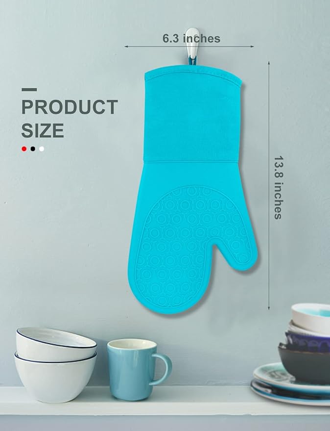 sungwoo Silicone Oven Mitts, Heat Resistant Oven Gloves with Quilted Liner Non-Slip Textured Grip Perfect for BBQ, Baking, Cooking and Grilling - 1 Pair 13.8 Inch Turquoise