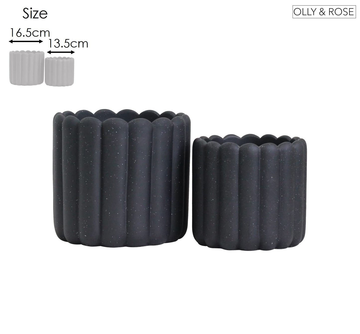 Olly & Rose iOS Vertical Striped Ribbed Plant Pot - Charcoal Speckled Ceramic Planters - 6.6 + 5 Inch Indoor and Outdoor Flower Pots Home Decor (Black Ribbed)