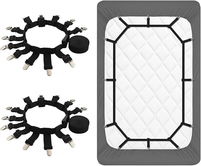 2 Pcs Adjustable Bed Sheet Fasteners 360 Degree Elastic Sheet Holder Straps Heavy Duty Suspenders Grippers for Full, Queen, King Twin Bed, Fits All Mattress Sizes
